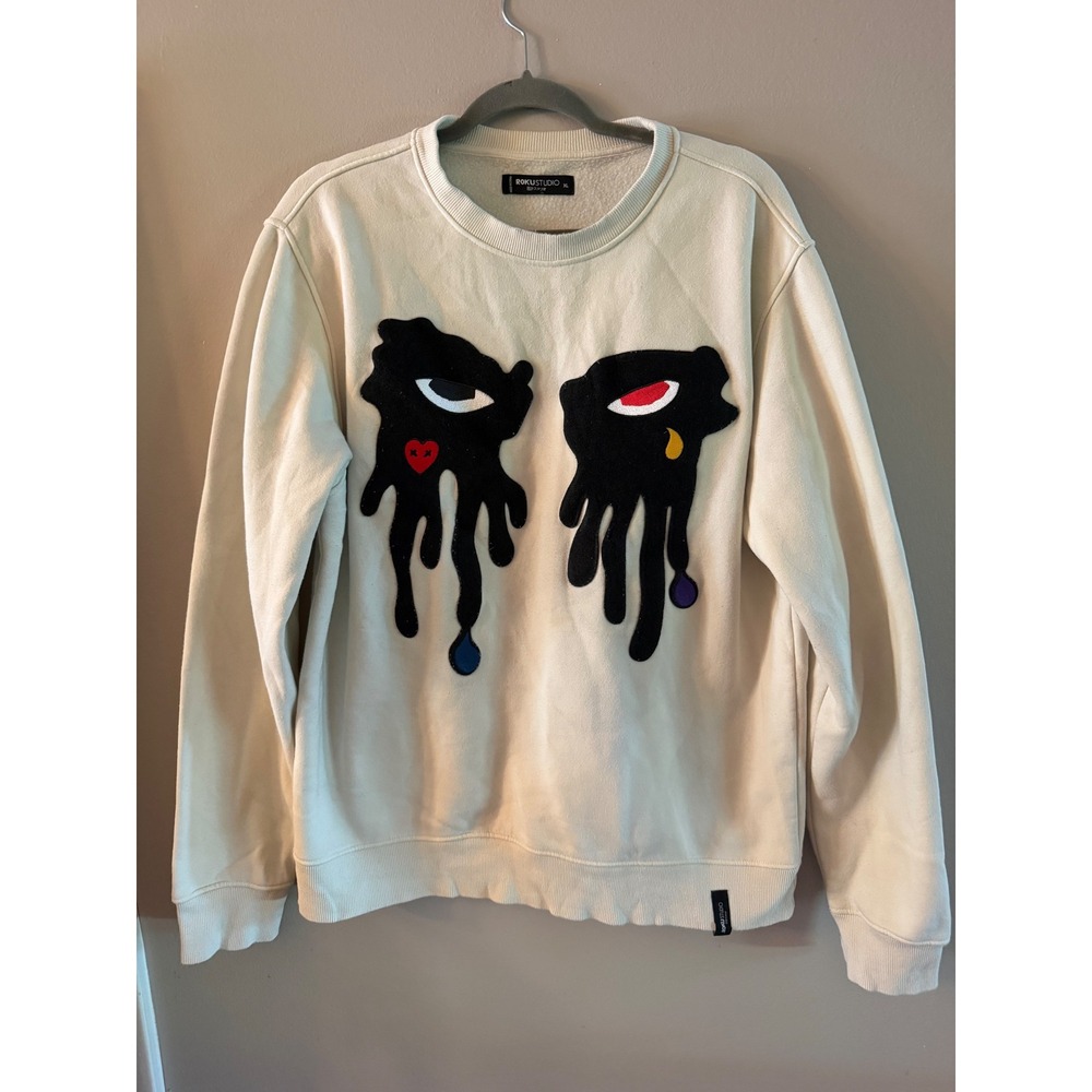 Roku Studio Mens XL Cream Sweatshirt Dripping Eye Graphic Streetwear Pullover